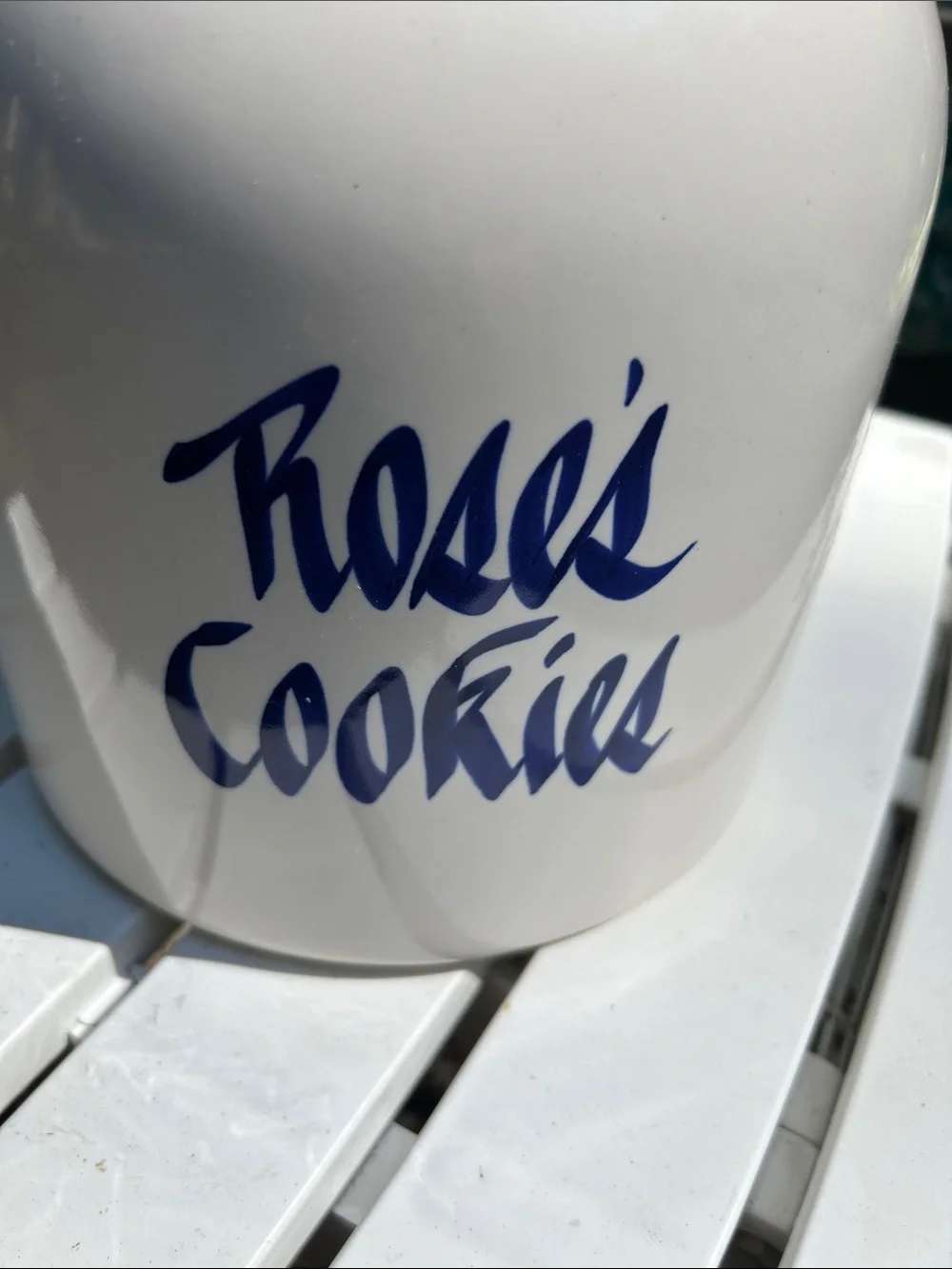 White Ceramic Cookie Jar with Blue Accents